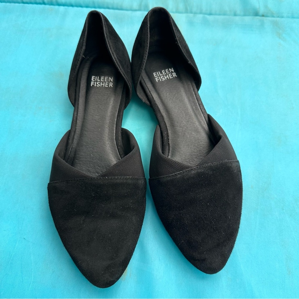 Eileen Fisher Vero Cuoio Black Flat Pointed Toe Shoes Sz 7 Leather Suede Slip-On